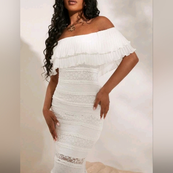 Knitted Lace Off Shoulder Form-Fitting Fish Tail Dress For Women - Picture 1 of 7